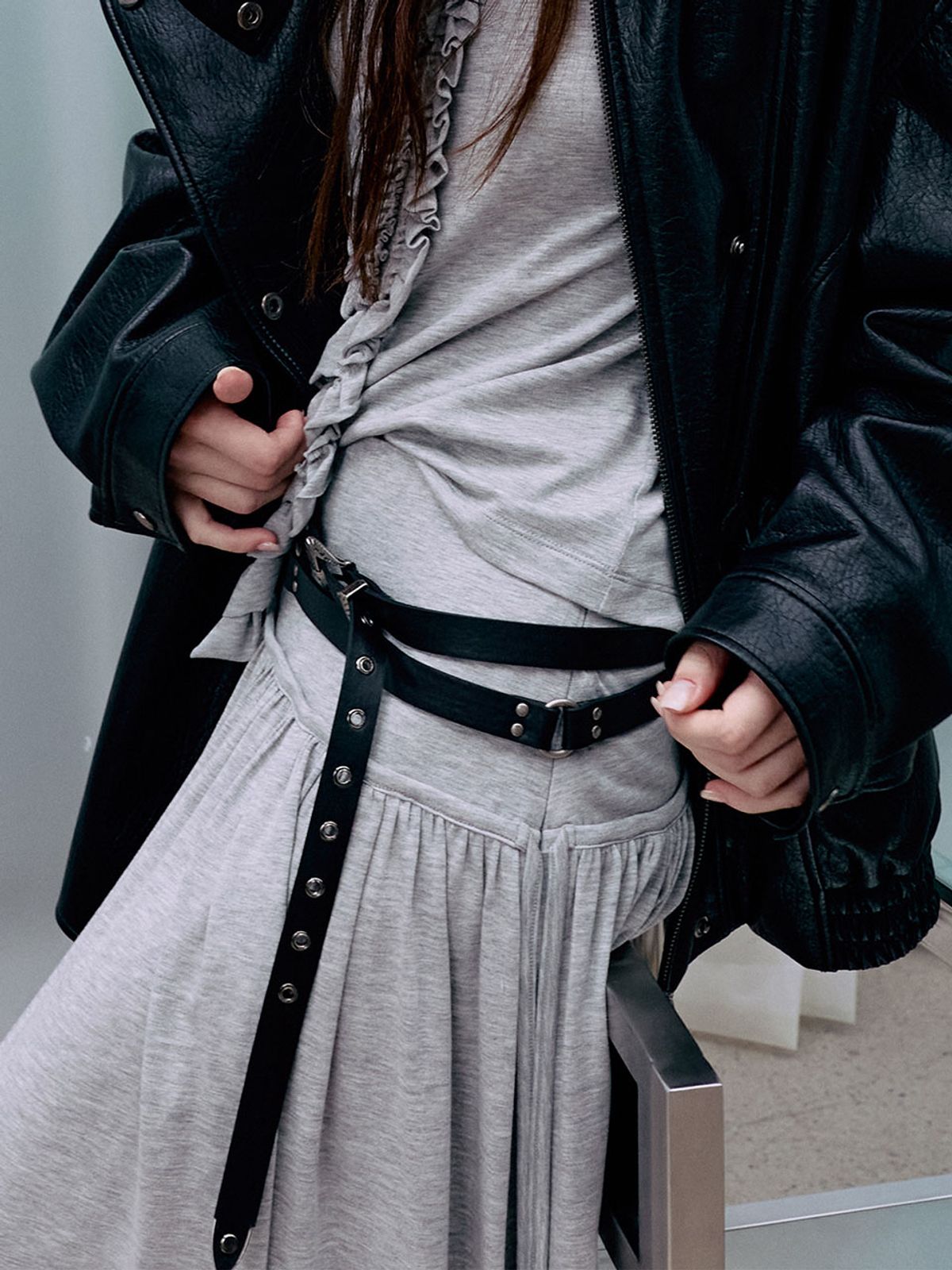 레이브(RAIVE) Double Layered Leather Belt in Black VX6AT940-10