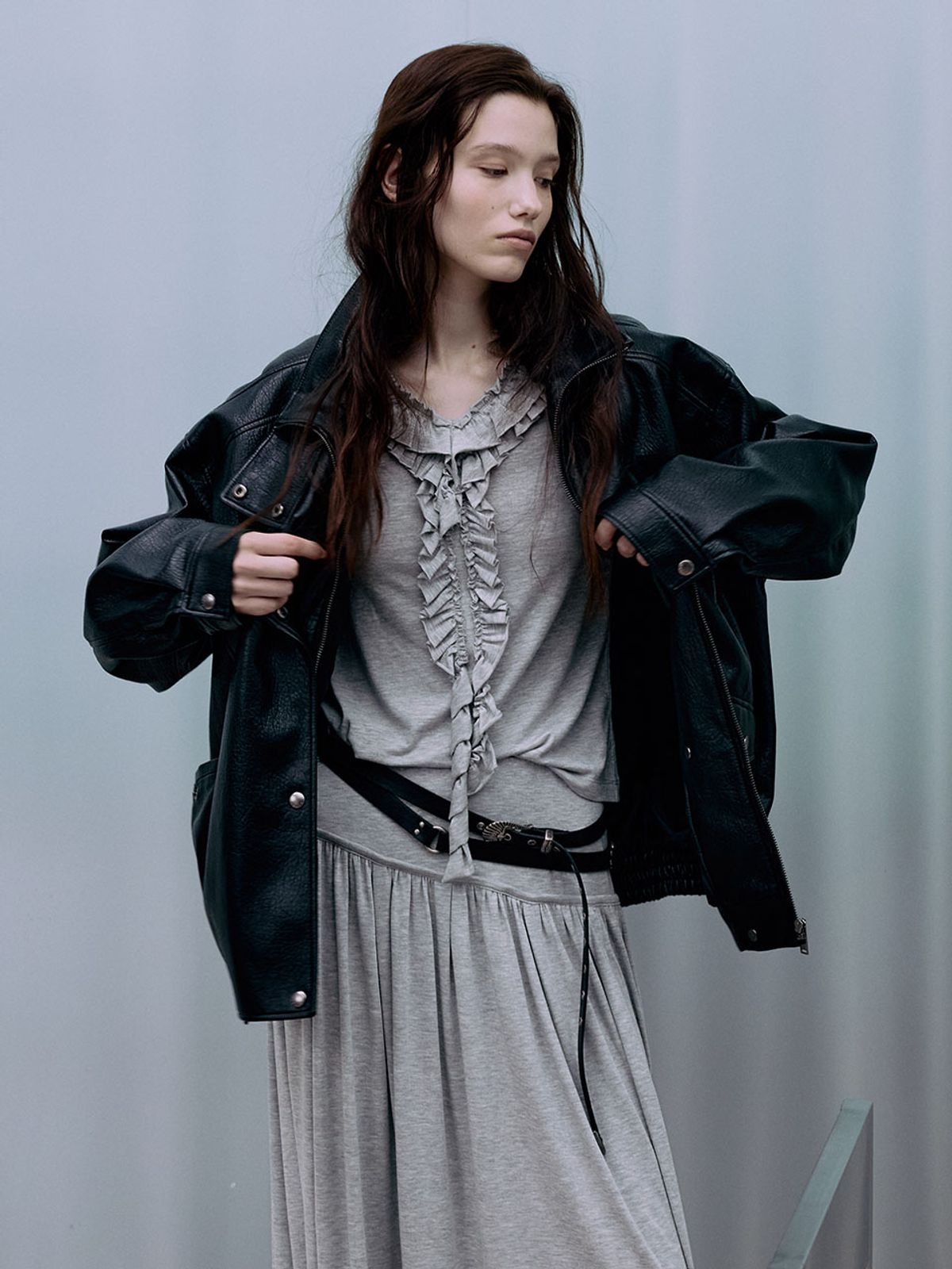레이브(RAIVE) Double Layered Leather Belt in Black VX6AT940-10