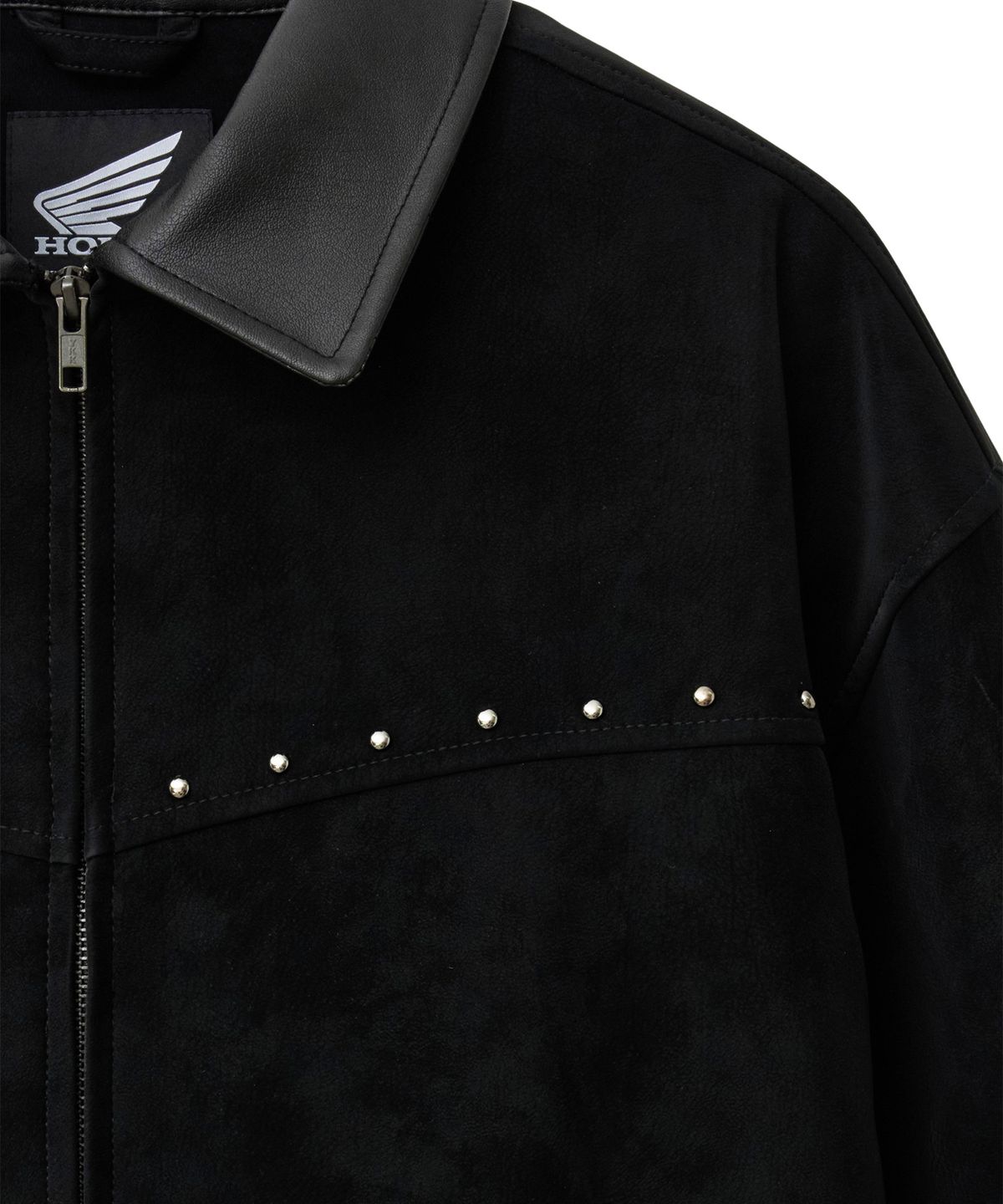핍스 모터사이클(PHYPS MOTORCYCLE) Suede Leather Collar Studded Jacket Black