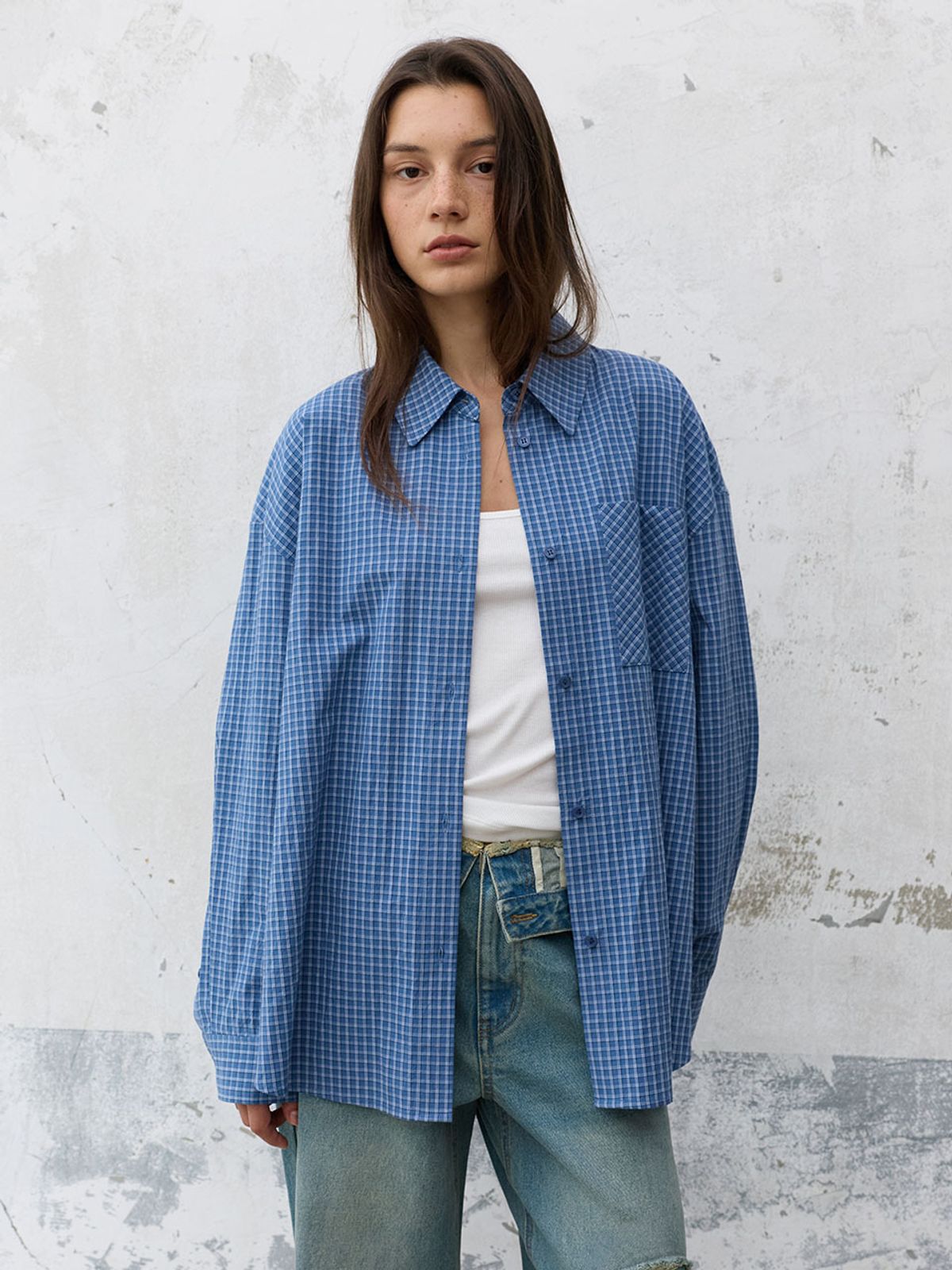 레이브(RAIVE) Oversized Check Shirts in Blue VW6AB910-22