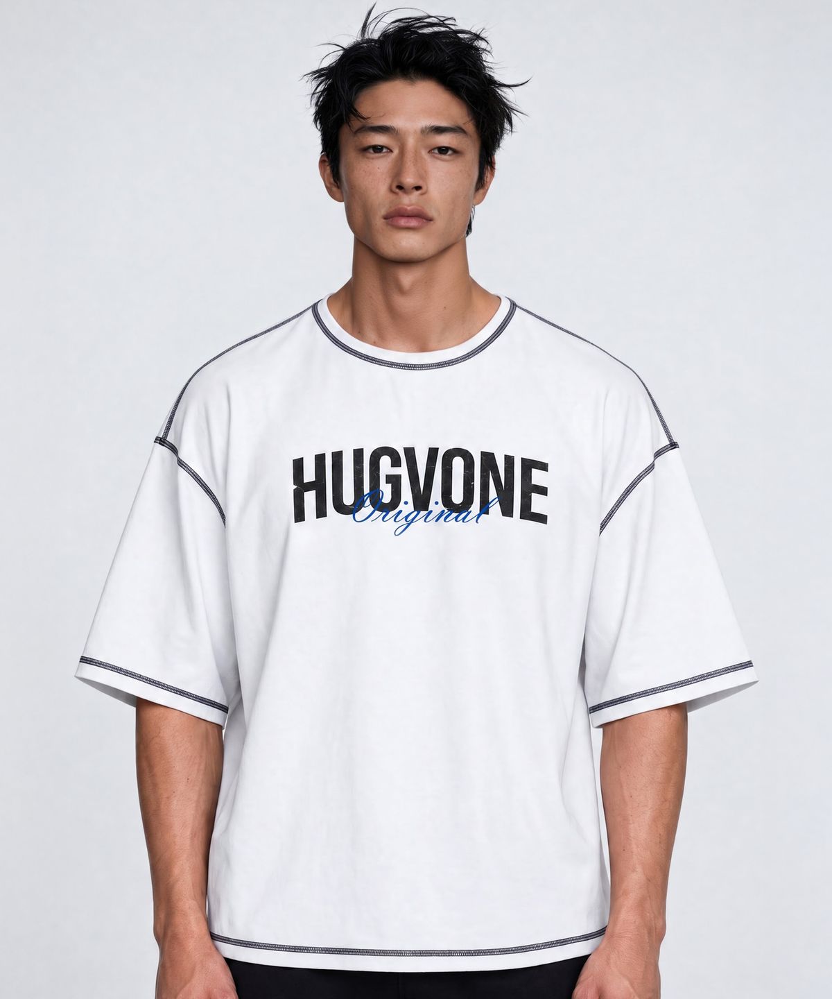 허그본(HUGVONE) 쉐도우 메쉬 스테이트먼트 오버핏 숏슬리브 2컬러