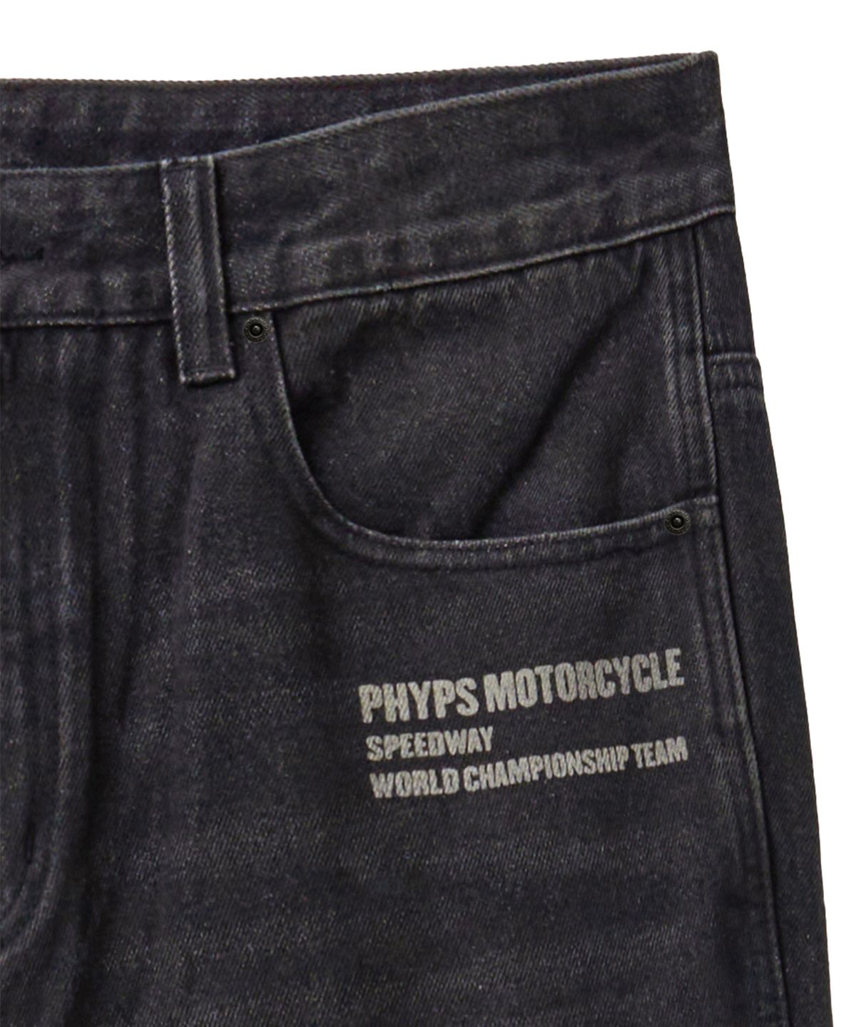 핍스 모터사이클(PHYPS MOTORCYCLE) Dirty Wash Semi Flare Denim Pants Black