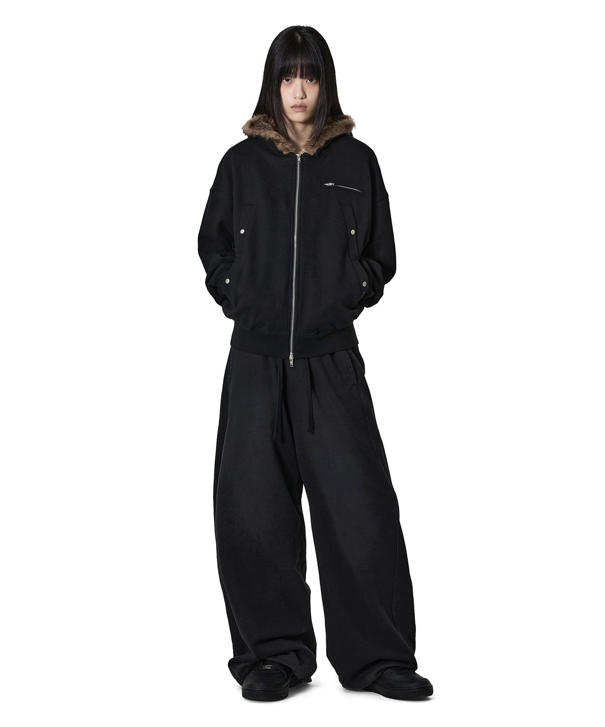 오픈야드(오와이)(OPENYARD(OY)) FAUX FUR HOODIE ZIP UP - BLACK