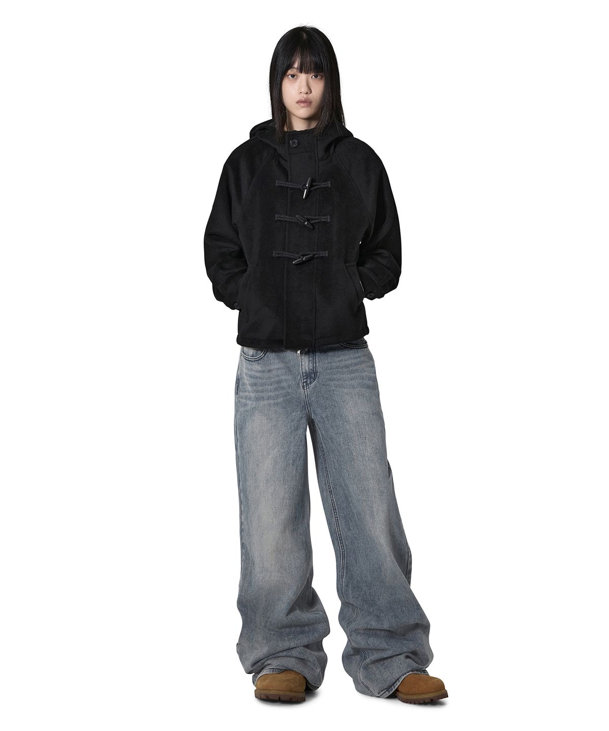 오픈야드(오와이)(OPENYARD(OY)) HOODED TOGGLE SHORT COAT - BLACK