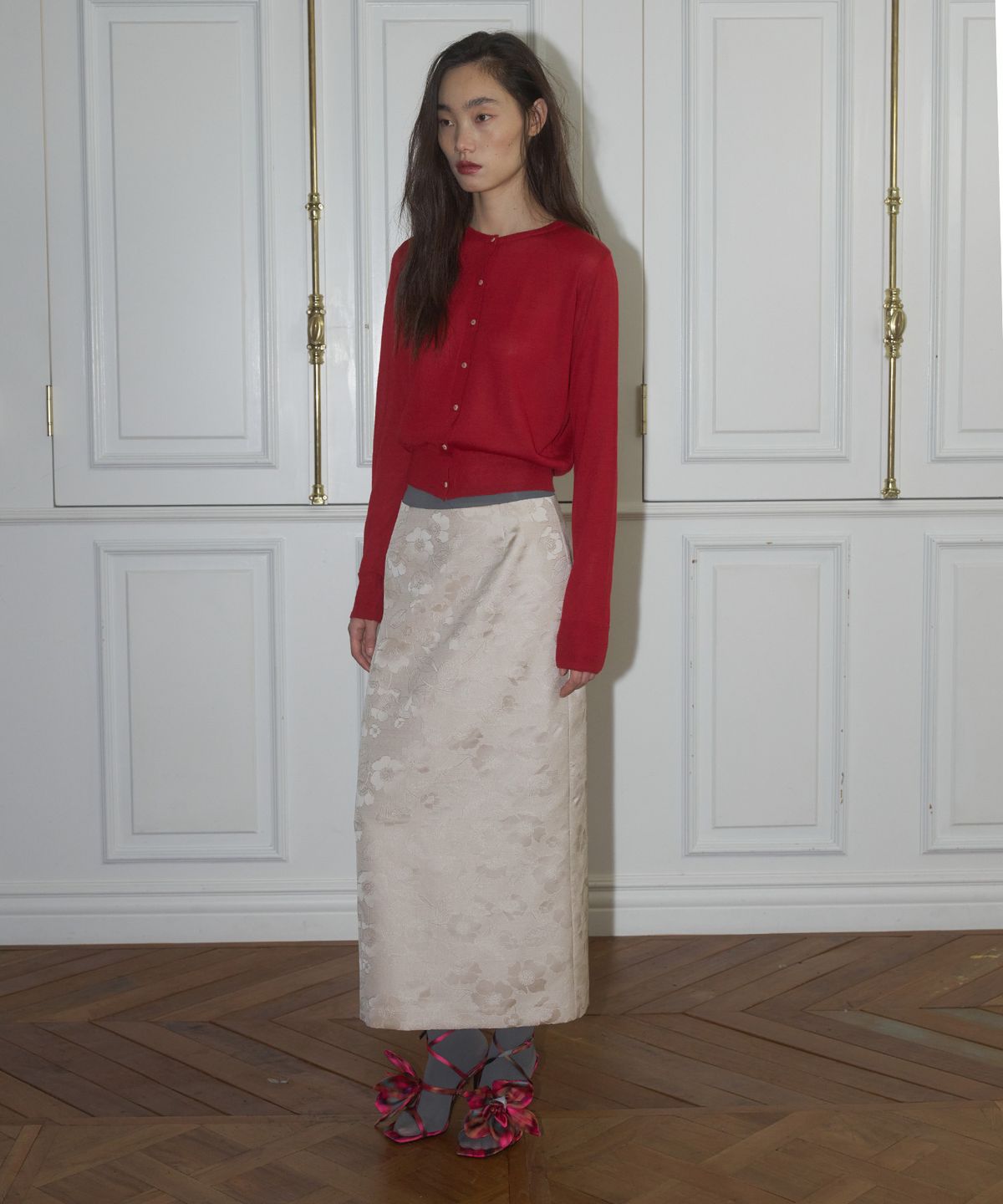 더포르타(THEPORTA) PEARL BLOOM JACQUARD LONG SKIRT, BEIGE