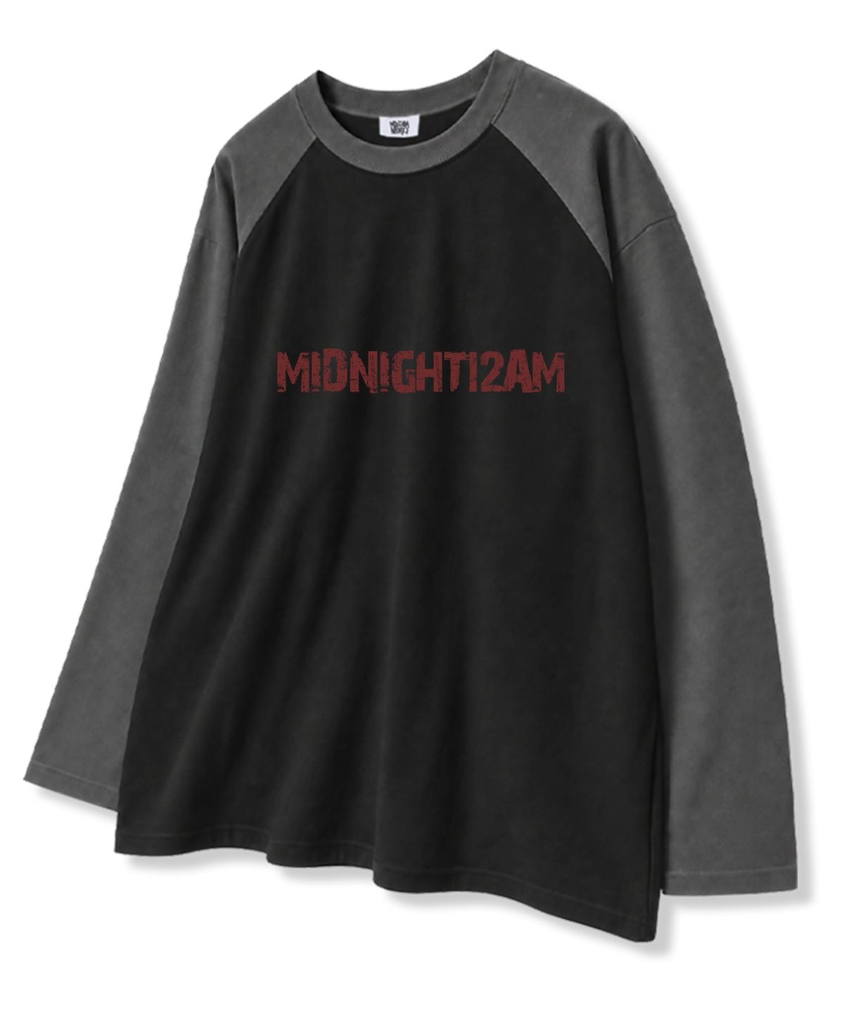 미드나잇12에이엠(MIDNIGHT12AM) 크래치 오버핏 래글런 롱슬리브 티셔츠 4color
