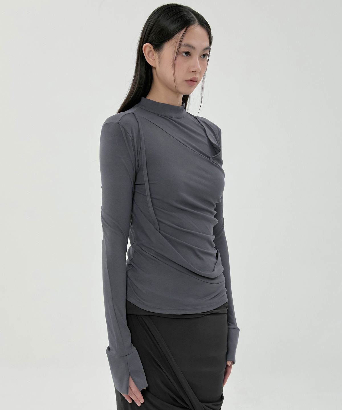 플레어업(FLAREUP) Draped Mock Neck Long Sleeve (FL-182_Charcoal)