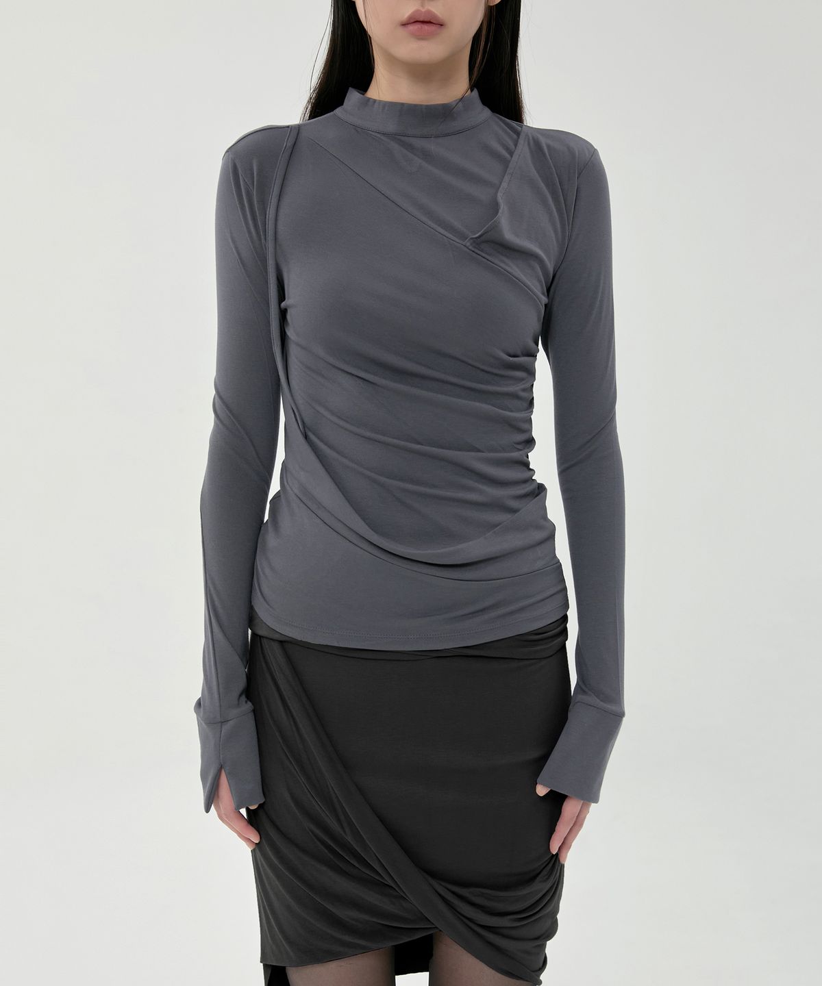 플레어업(FLAREUP) Draped Mock Neck Long Sleeve (FL-182_Charcoal)