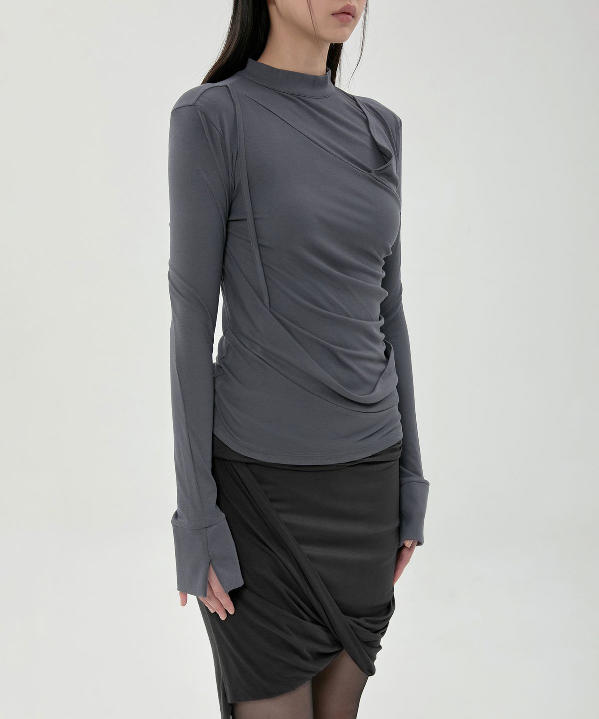 플레어업(FLAREUP) Draped Mock Neck Long Sleeve (FL-182_Charcoal)