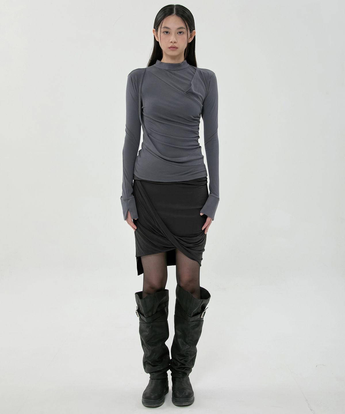 플레어업(FLAREUP) Draped Mock Neck Long Sleeve (FL-182_Charcoal)