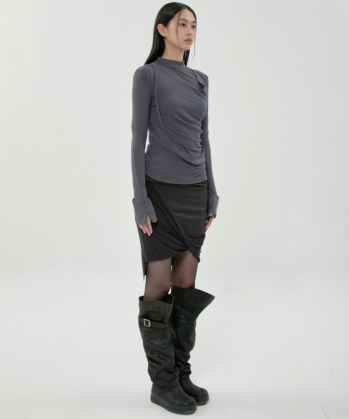플레어업(FLAREUP) Draped Mock Neck Long Sleeve (FL-182_Charcoal)