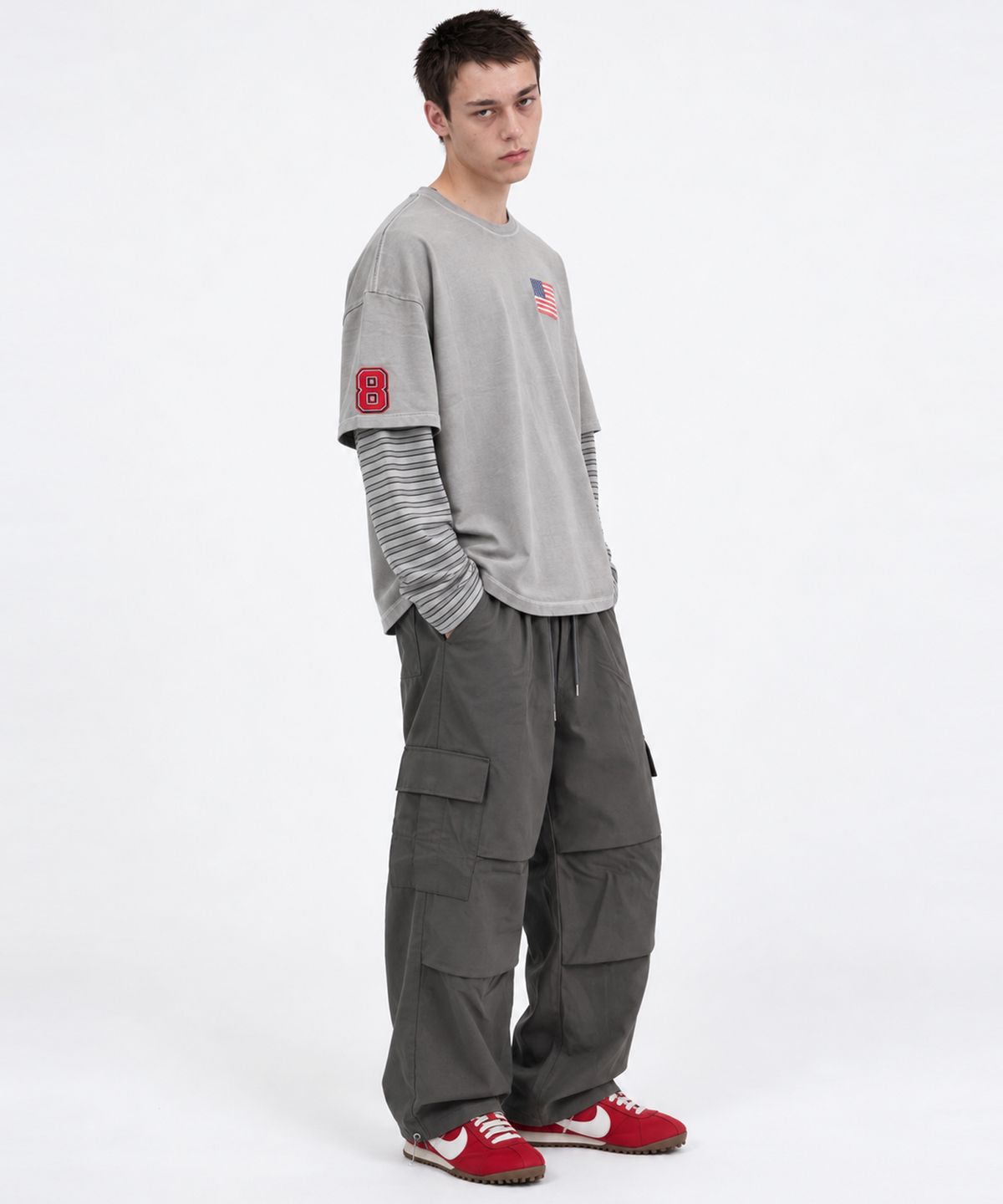 스케이터락(SK8ER ROCK) 8 Flag Pigment Layered T-Shirt (Gray)