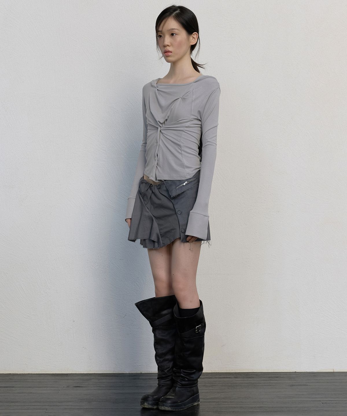 플레어업(FLAREUP) Asymmetrical Snap Long Sleeve Hoodie (FL-183_Gray)