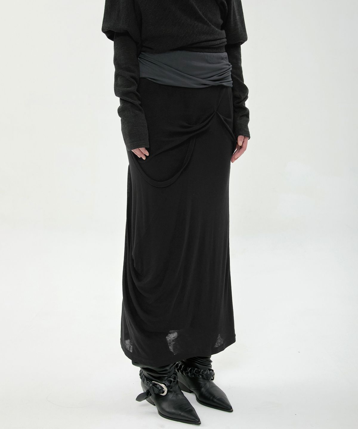 플레어업(FLAREUP) Asymmetrical Draped Long Skirt (FL-263_Black&Charcoal)