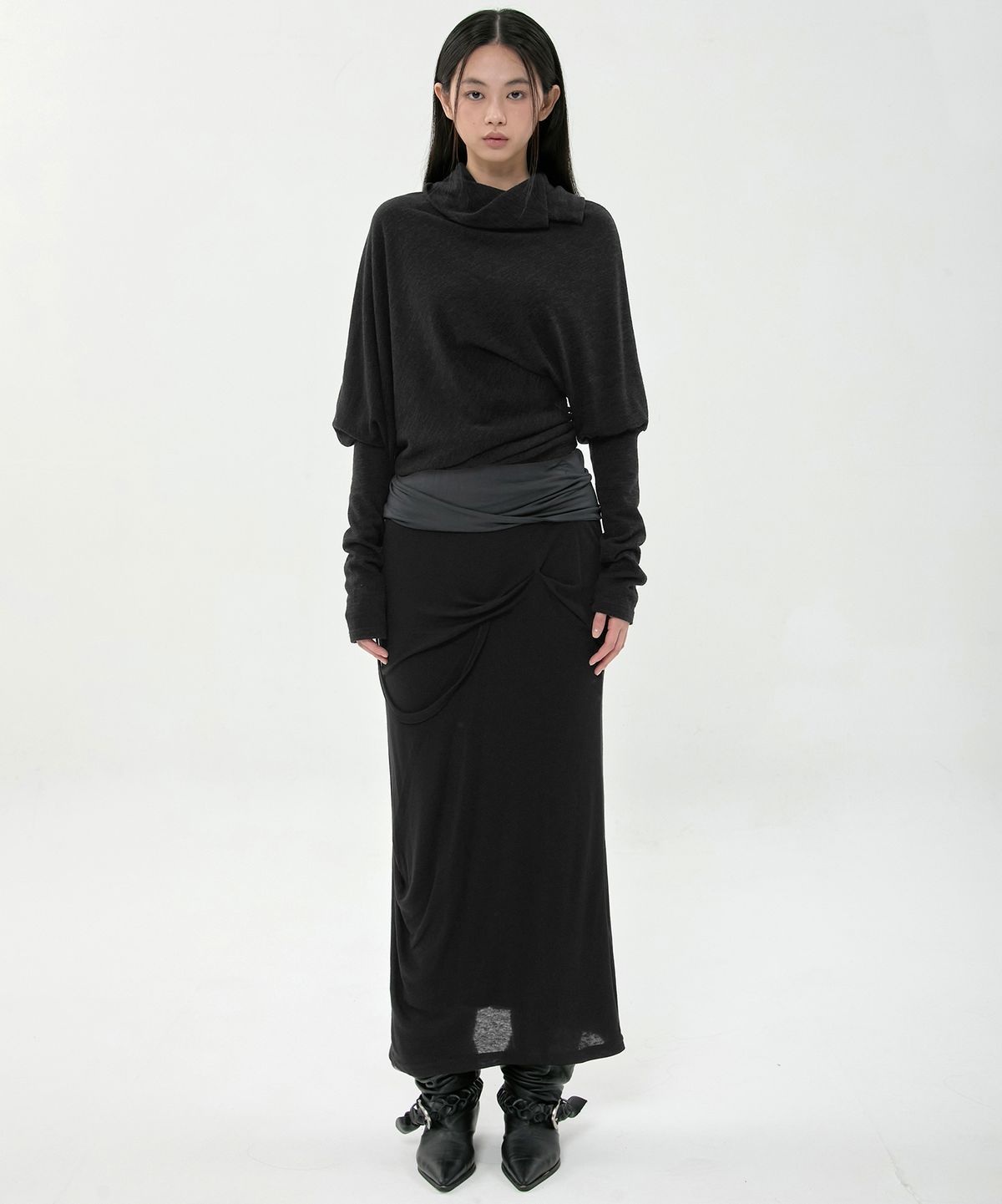 플레어업(FLAREUP) Asymmetrical Draped Long Skirt (FL-263_Black&Charcoal)