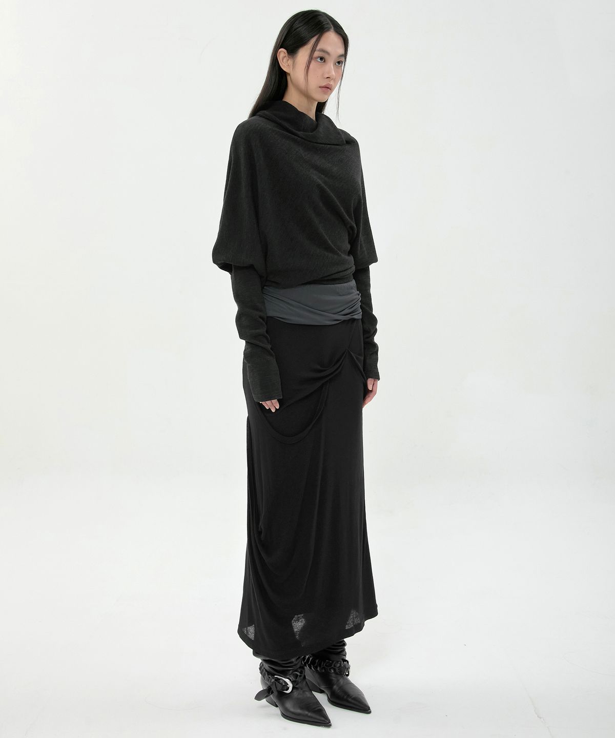플레어업(FLAREUP) Asymmetrical Draped Long Skirt (FL-263_Black&Charcoal)