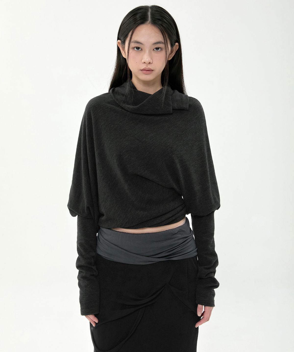 플레어업(FLAREUP) Asymmetrical Draped Long Skirt (FL-263_Black&Charcoal)