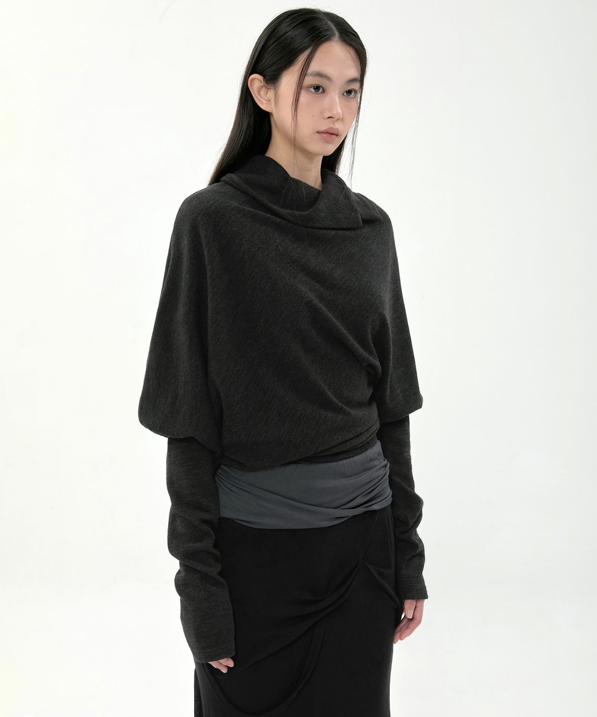 플레어업(FLAREUP) Asymmetrical Draped Long Skirt (FL-263_Black&Charcoal)