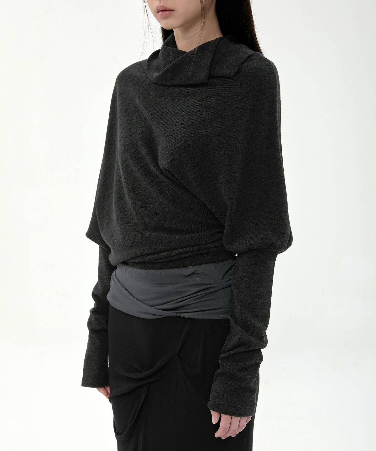 플레어업(FLAREUP) Asymmetrical Draped Long Skirt (FL-263_Black&Charcoal)