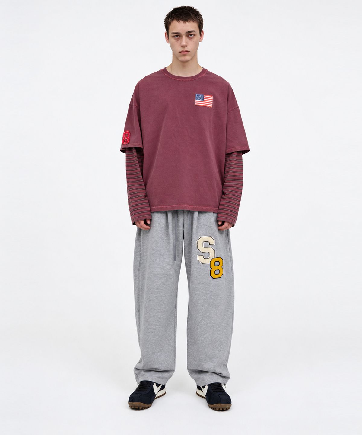 스케이터락(SK8ER ROCK) 8 Flag Pigment Layered T-Shirt (Wine)