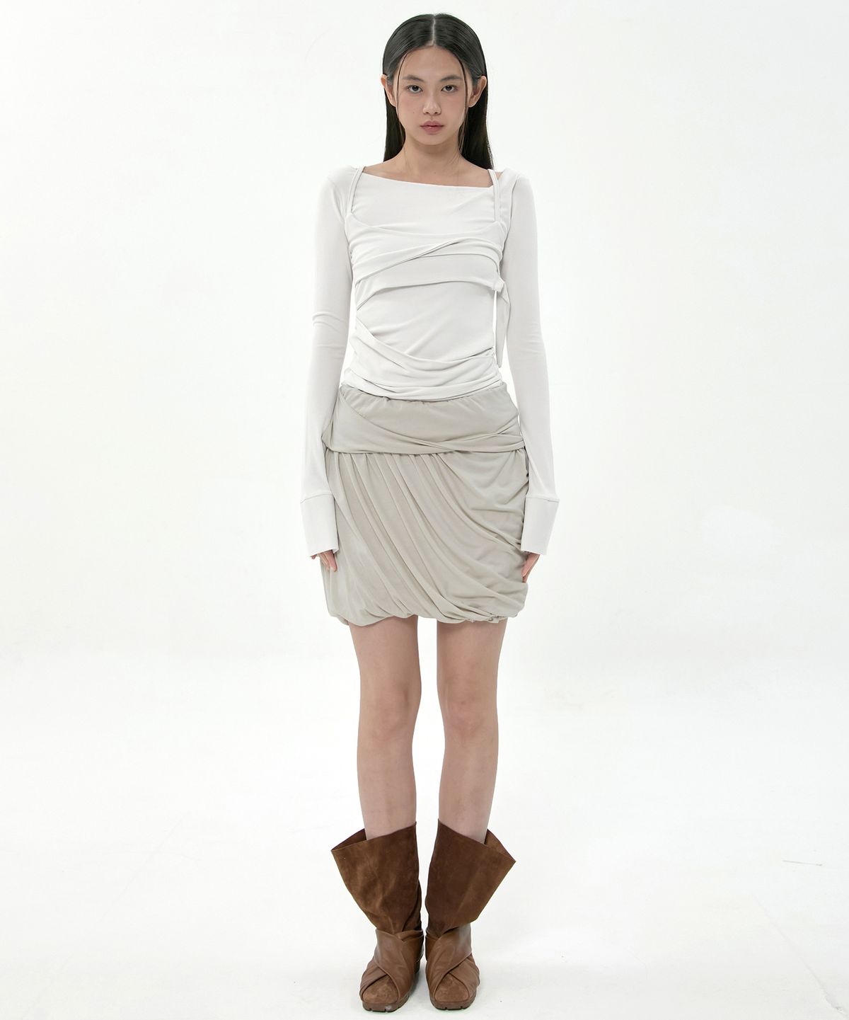 플레어업(FLAREUP) Layered Drape Midi Skirt (FL-276_Ash Beige)