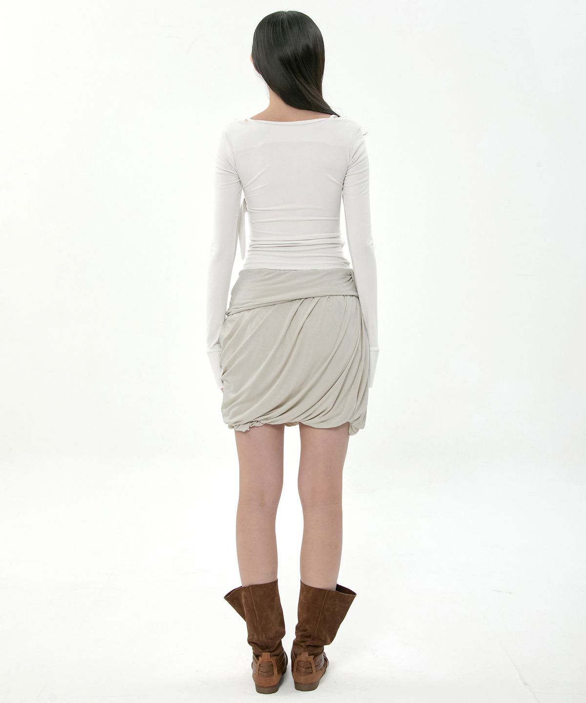 플레어업(FLAREUP) Layered Drape Midi Skirt (FL-276_Ash Beige)