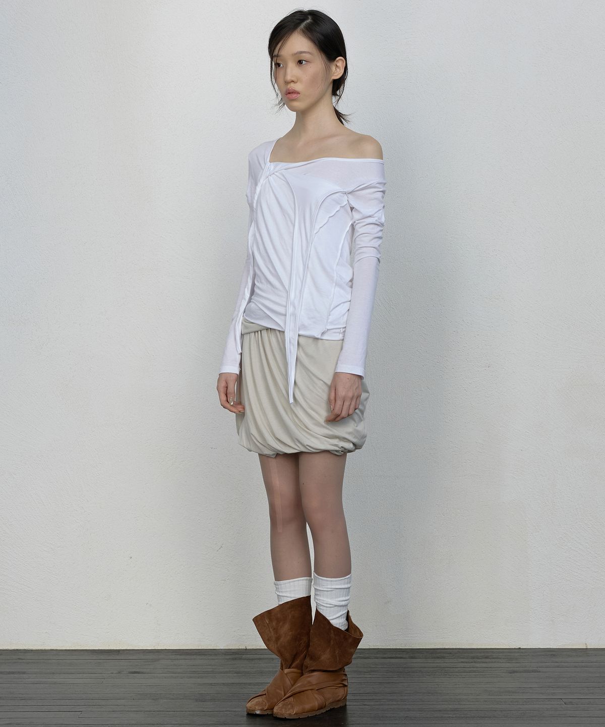 플레어업(FLAREUP) Layered Drape Midi Skirt (FL-276_Ash Beige)