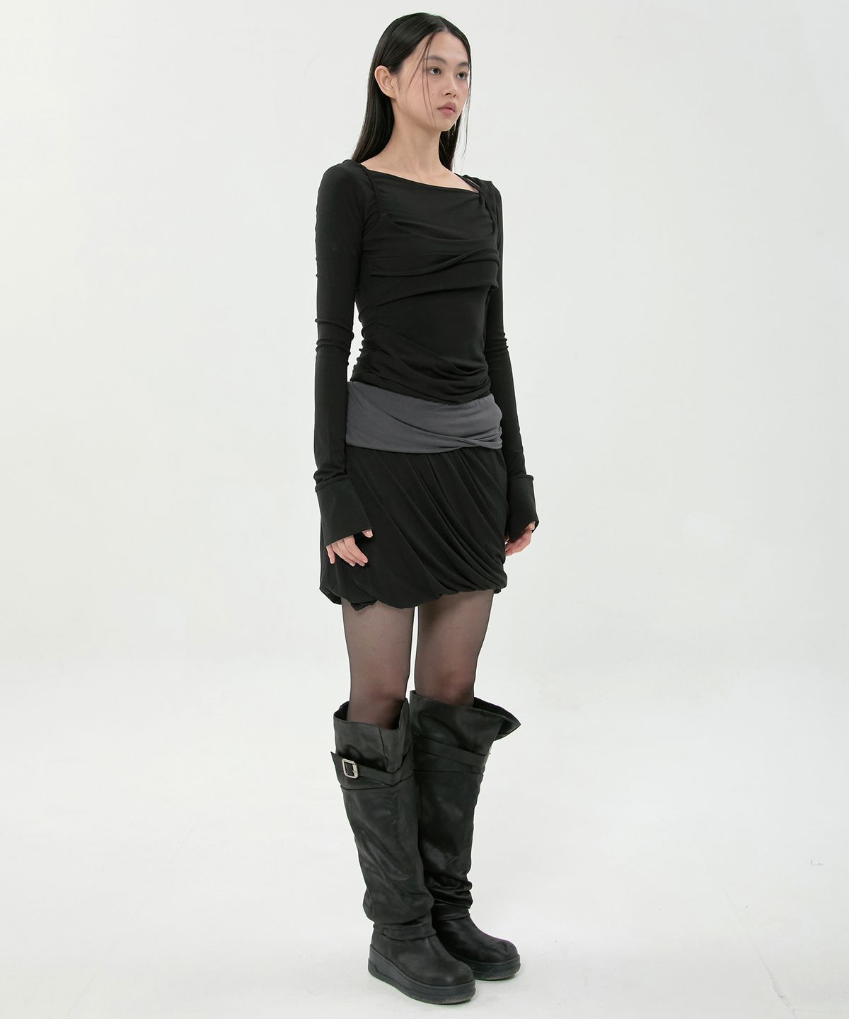 플레어업(FLAREUP) Layered Drape Midi Skirt (FL-276_Black&Charcoal)