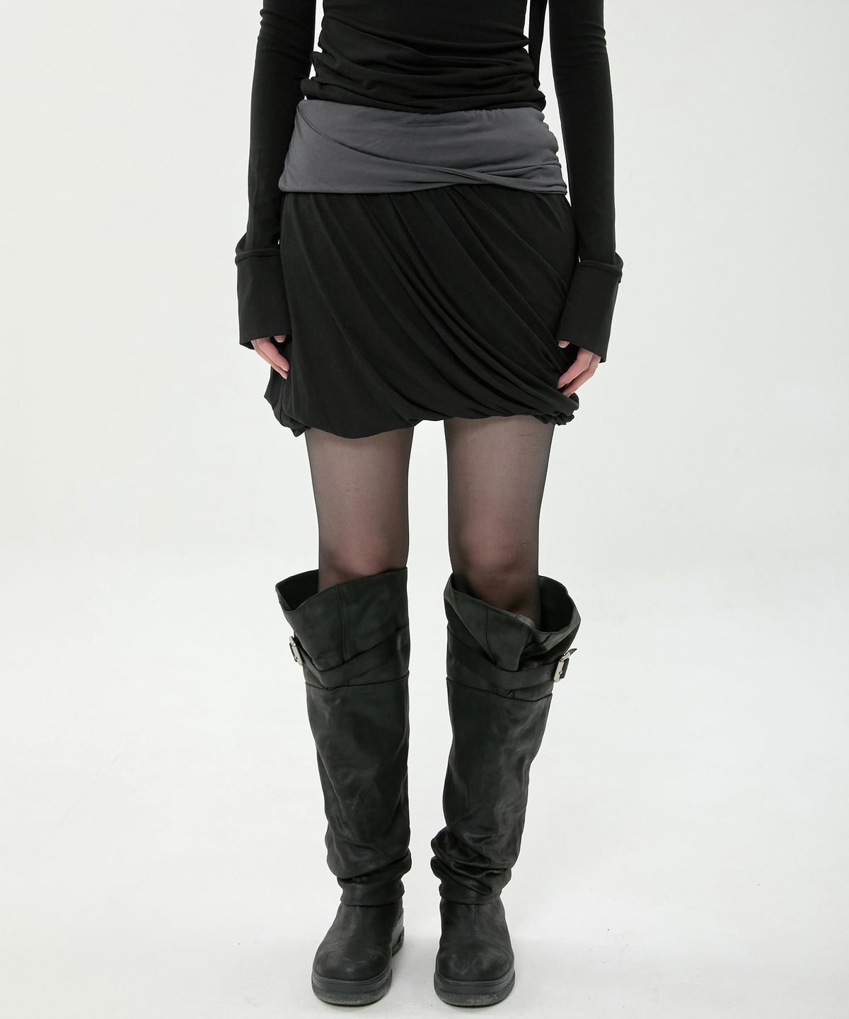플레어업(FLAREUP) Layered Drape Midi Skirt (FL-276_Black&Charcoal)