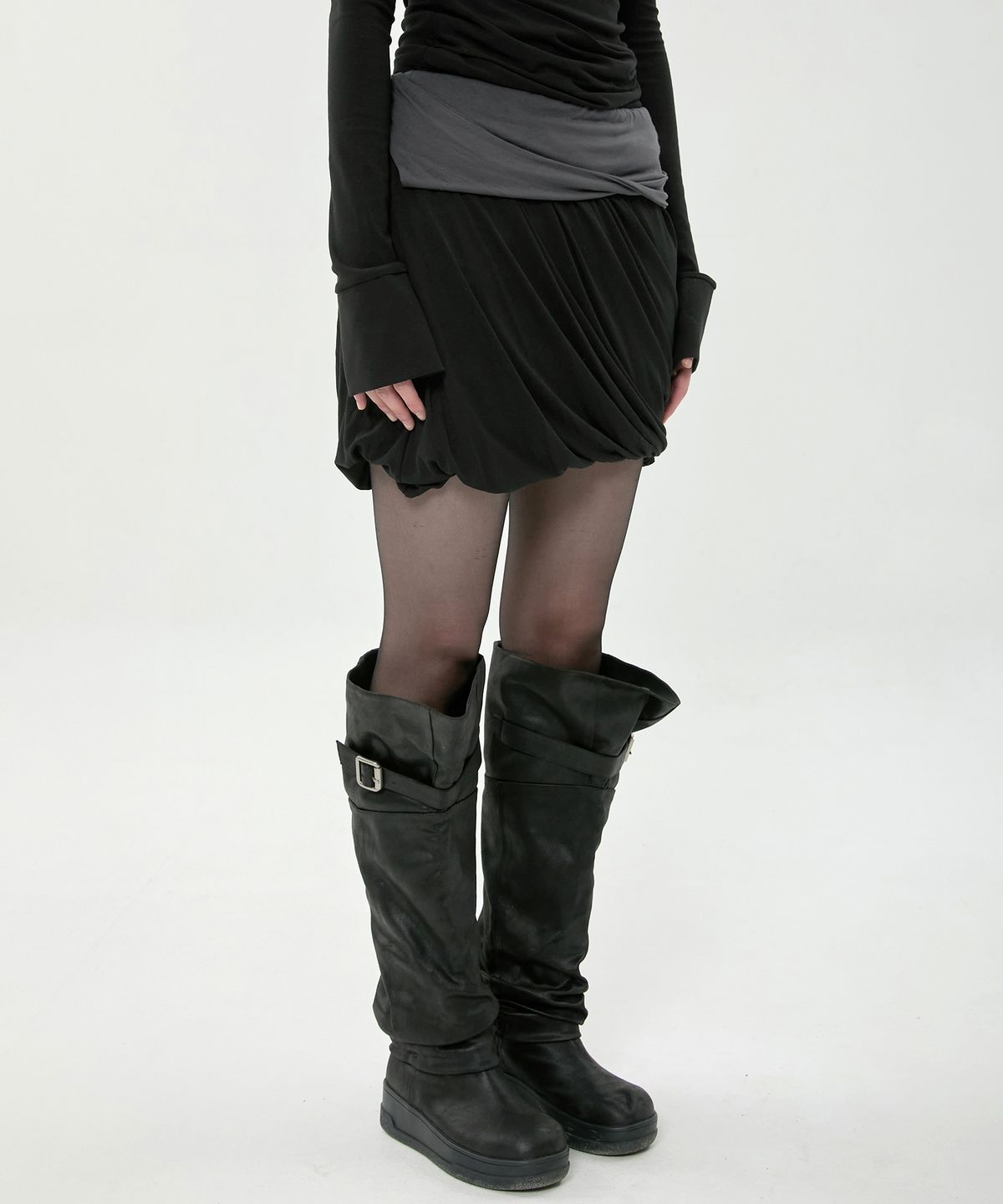 플레어업(FLAREUP) Layered Drape Midi Skirt (FL-276_Black&Charcoal)
