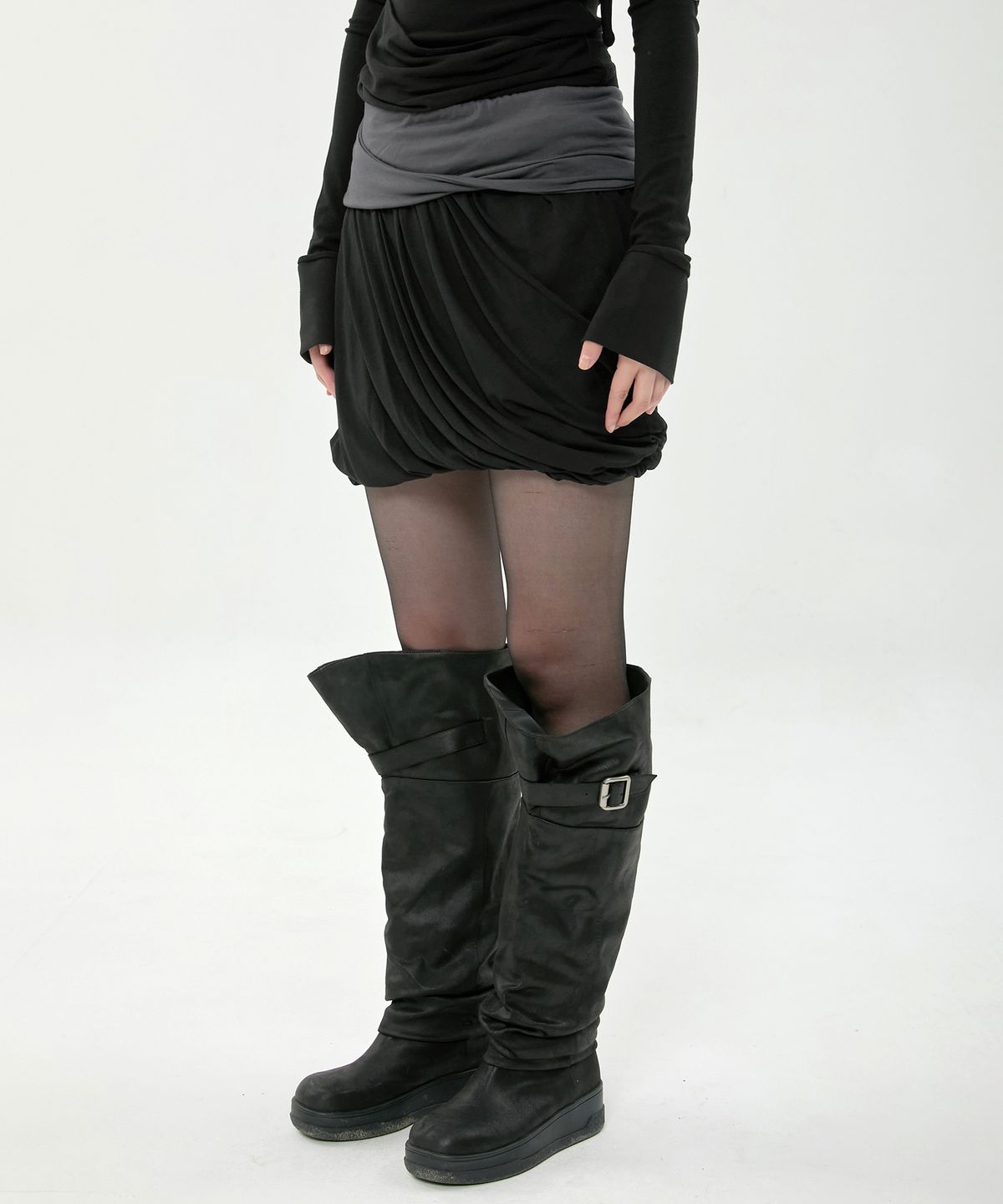 플레어업(FLAREUP) Layered Drape Midi Skirt (FL-276_Black&Charcoal)