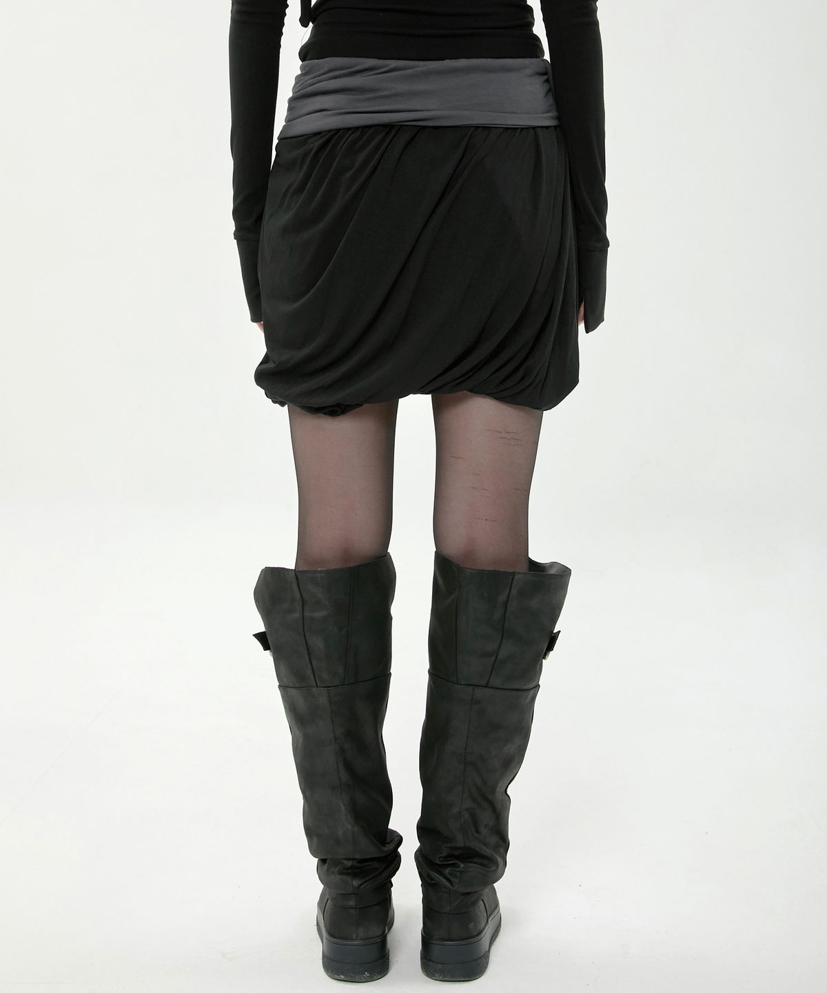 플레어업(FLAREUP) Layered Drape Midi Skirt (FL-276_Black&Charcoal)