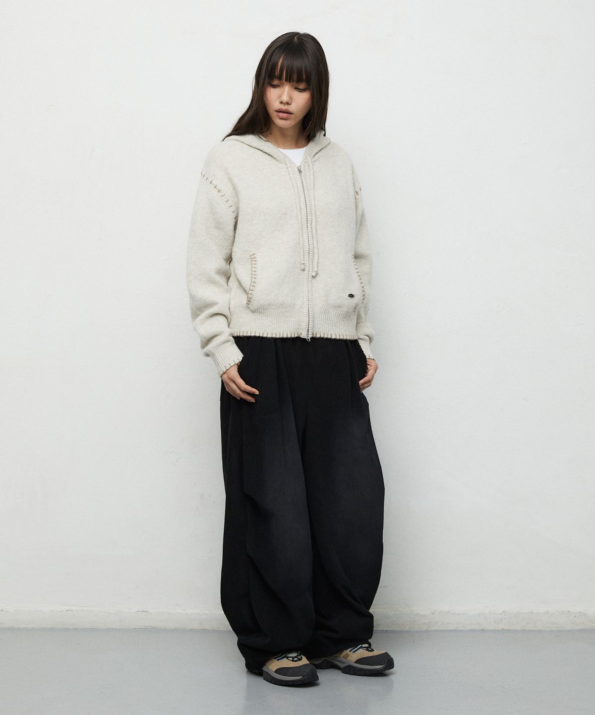 마하그리드(MAHAGRID) STITCH CROP HOODED ZIP UP KNIT[OATMEAL]