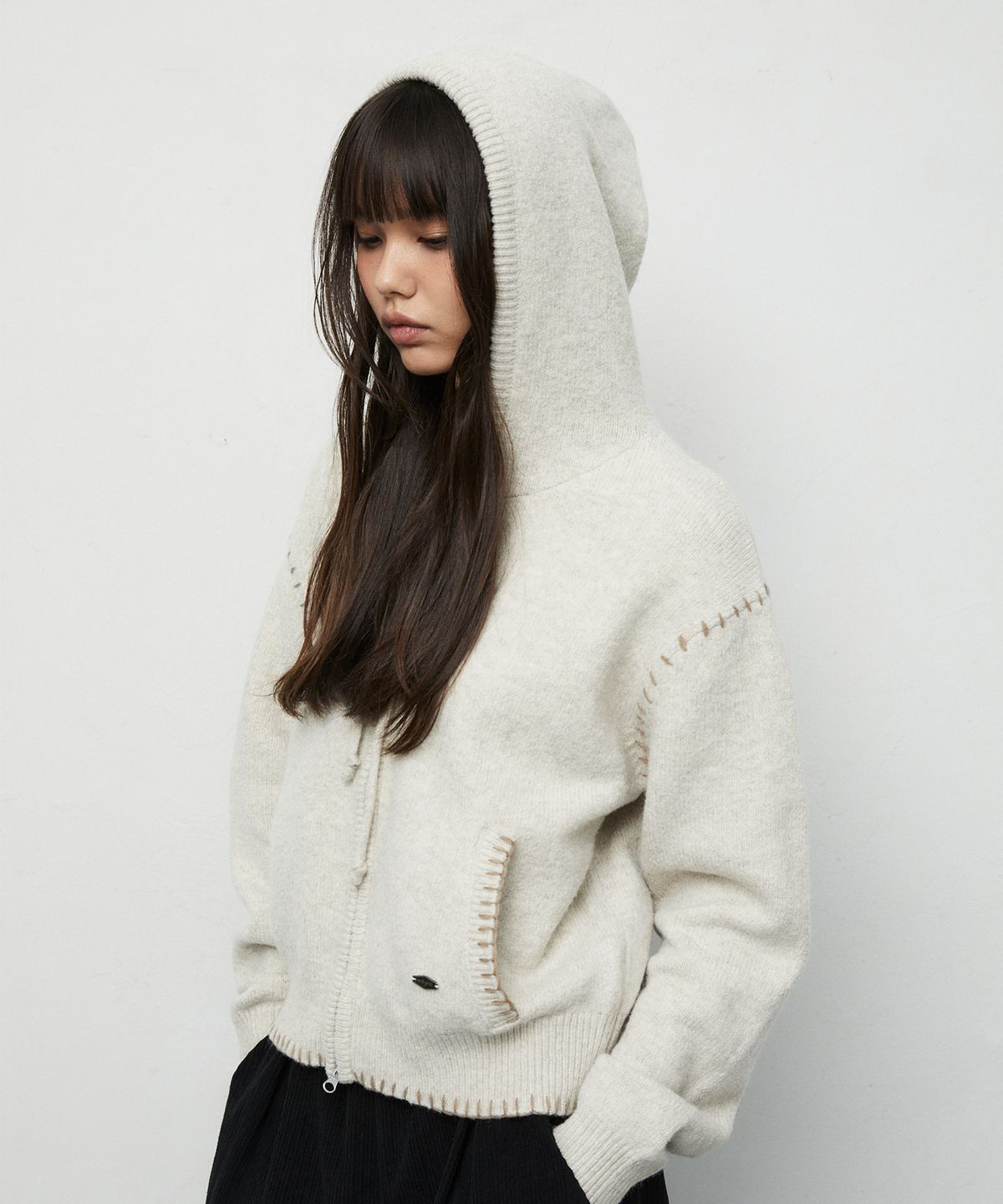 마하그리드(MAHAGRID) STITCH CROP HOODED ZIP UP KNIT[OATMEAL]