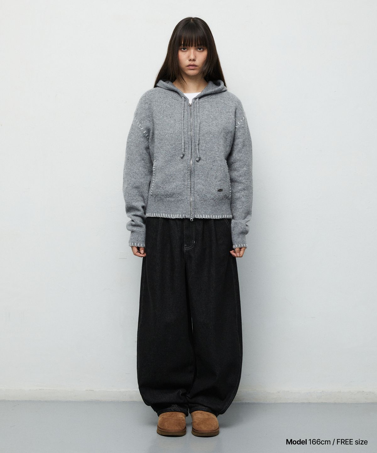 마하그리드(MAHAGRID) STITCH CROP HOODED ZIP UP KNIT[GREY]