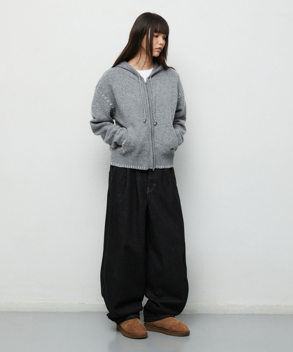 마하그리드(MAHAGRID) STITCH CROP HOODED ZIP UP KNIT[GREY]
