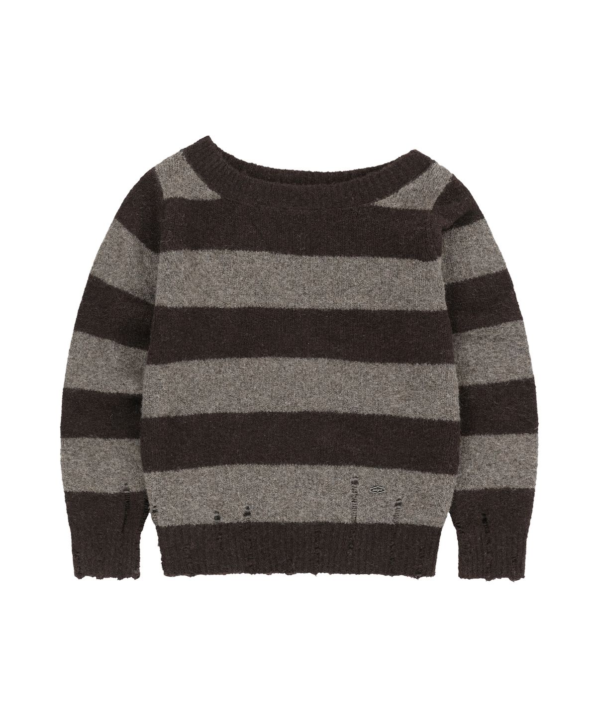 마하그리드(MAHAGRID) DAMAGED OFF SHOULDER STRIPE KNIT[BROWN]