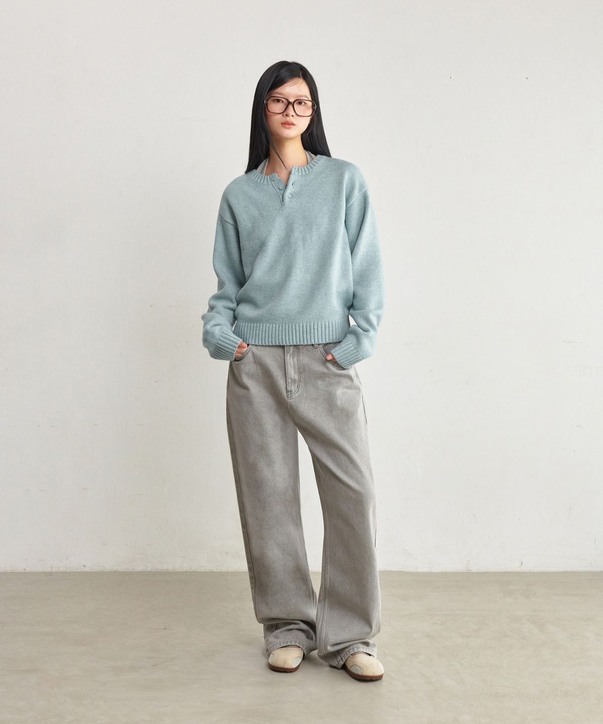 굿라이프웍스(GLW) [unisex] 오버핏 버튼 헨리넥 니트 민트