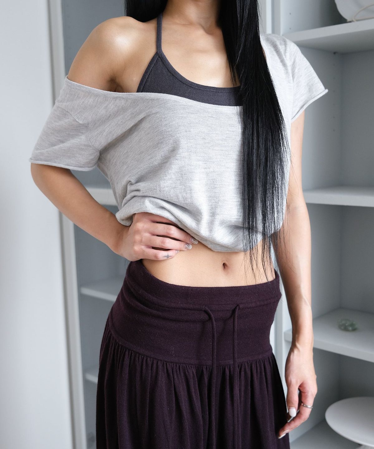 오오티엔(OOTN) DOUBLE LAYER KNIT TOP [GRAY]