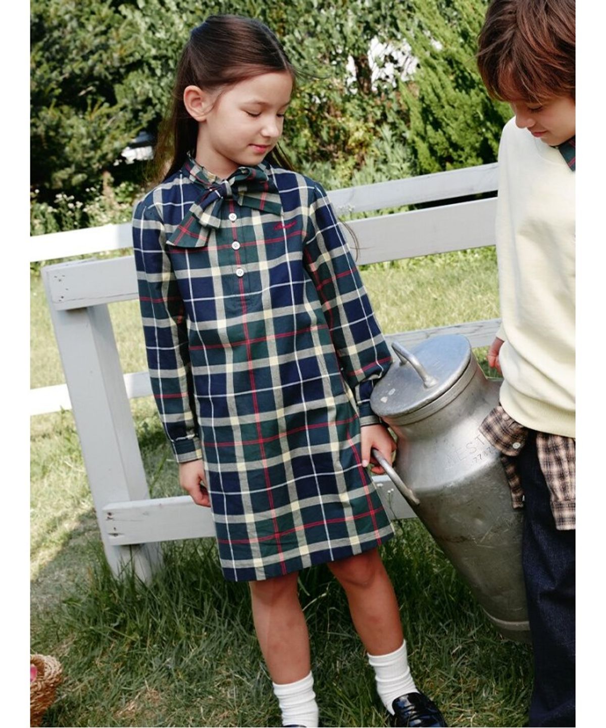 빈폴 키즈(BEANPOLE KIDS) 약기모 체크 리본 헨리넥 원피스  베이지 (BI6971G08M)