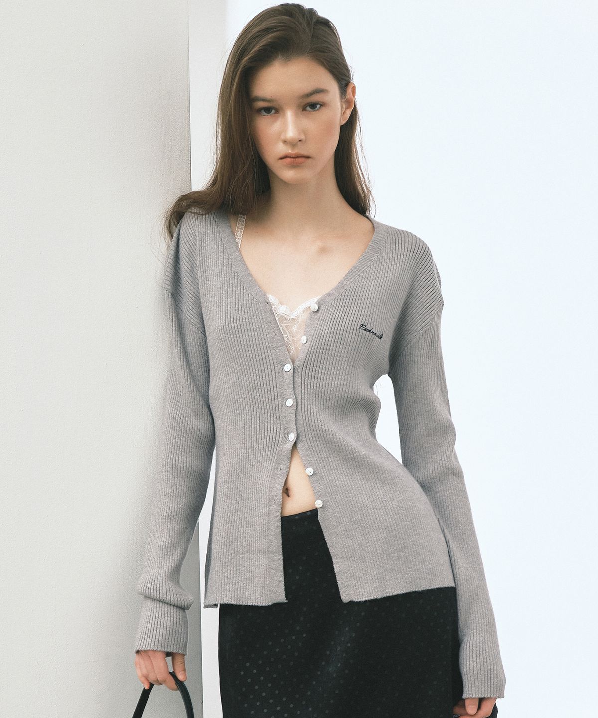 닉앤니콜(NICK&NICOLE) RIBBED V NECK CARDIGAN_GRAY