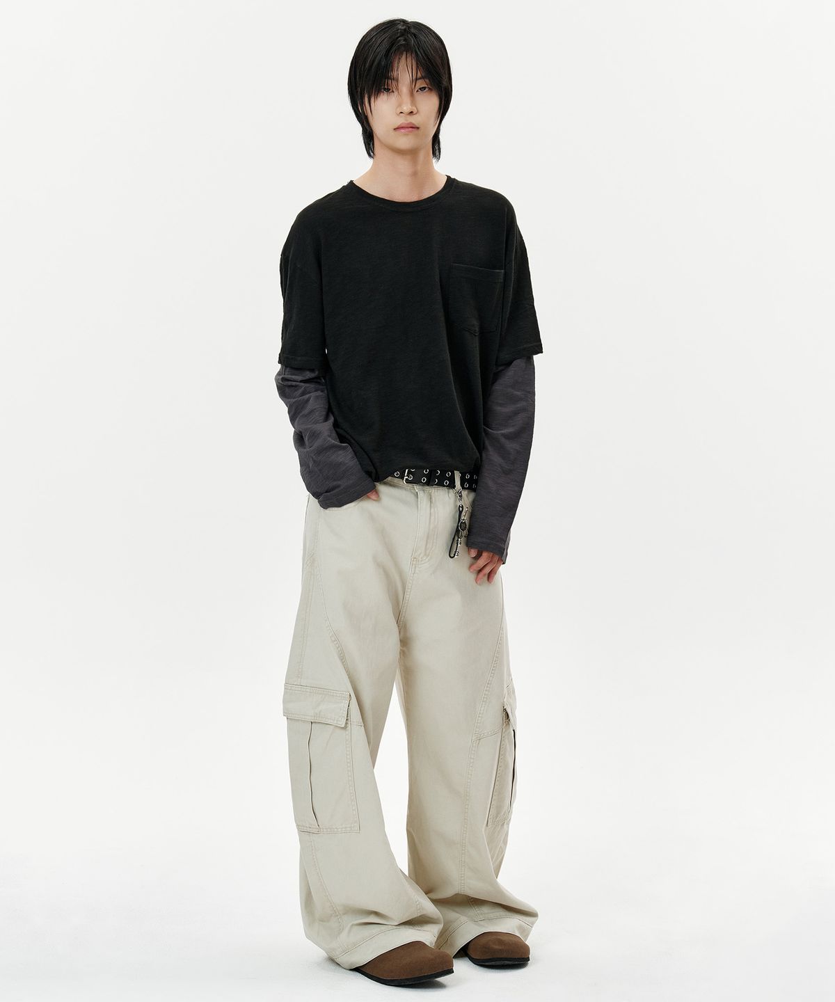 딥센스(DEEP SENSE) Slit Cargo Curved Pants - beige