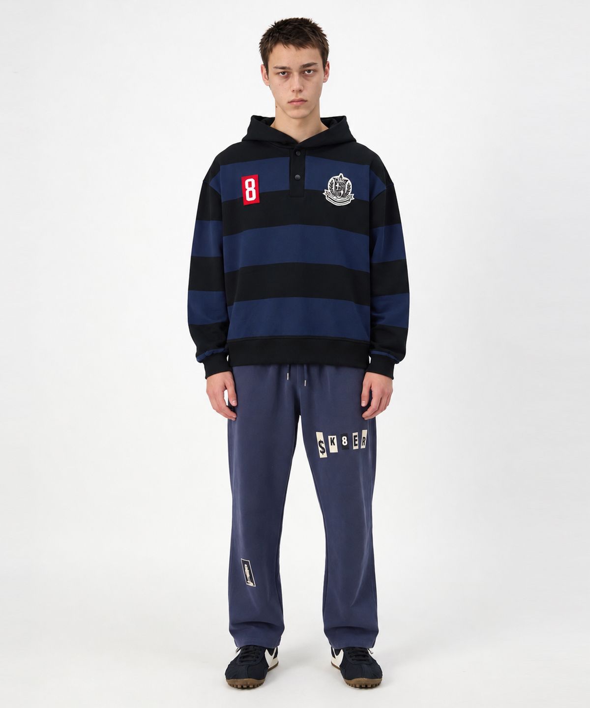 스케이터락(SK8ER ROCK) Club 8 Hooded Rugby Sweatshirt (navy*black)