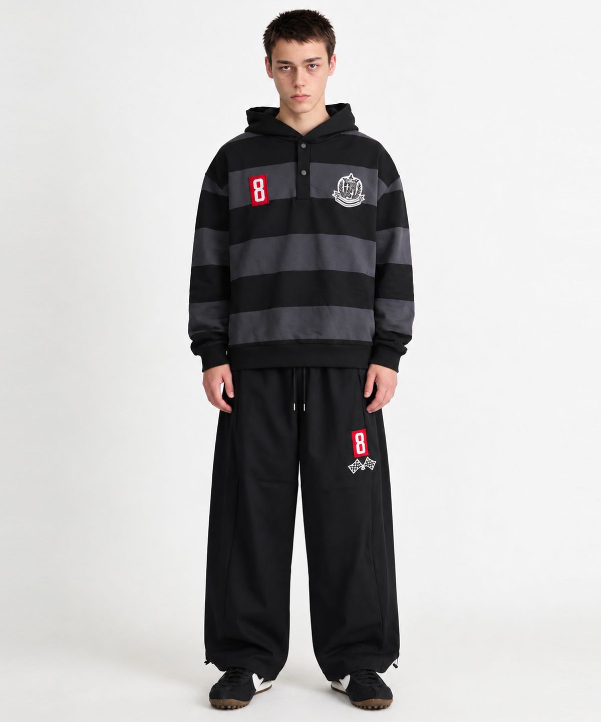 스케이터락(SK8ER ROCK) Club 8 Hooded Rugby Sweatshirt (Dark gray*black)