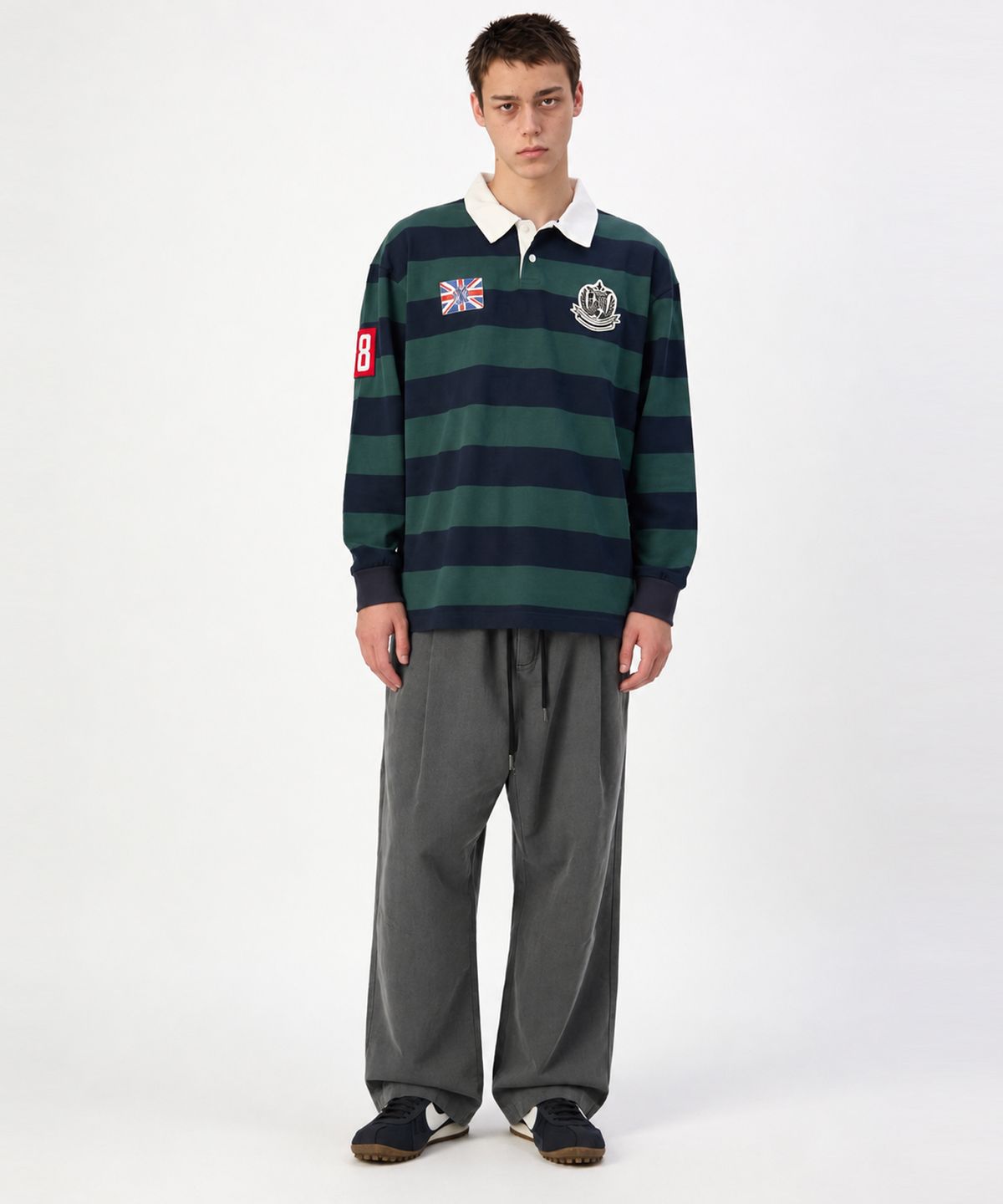 스케이터락(SK8ER ROCK) Varsity Patch Rugby Shirt (deep green*navy)