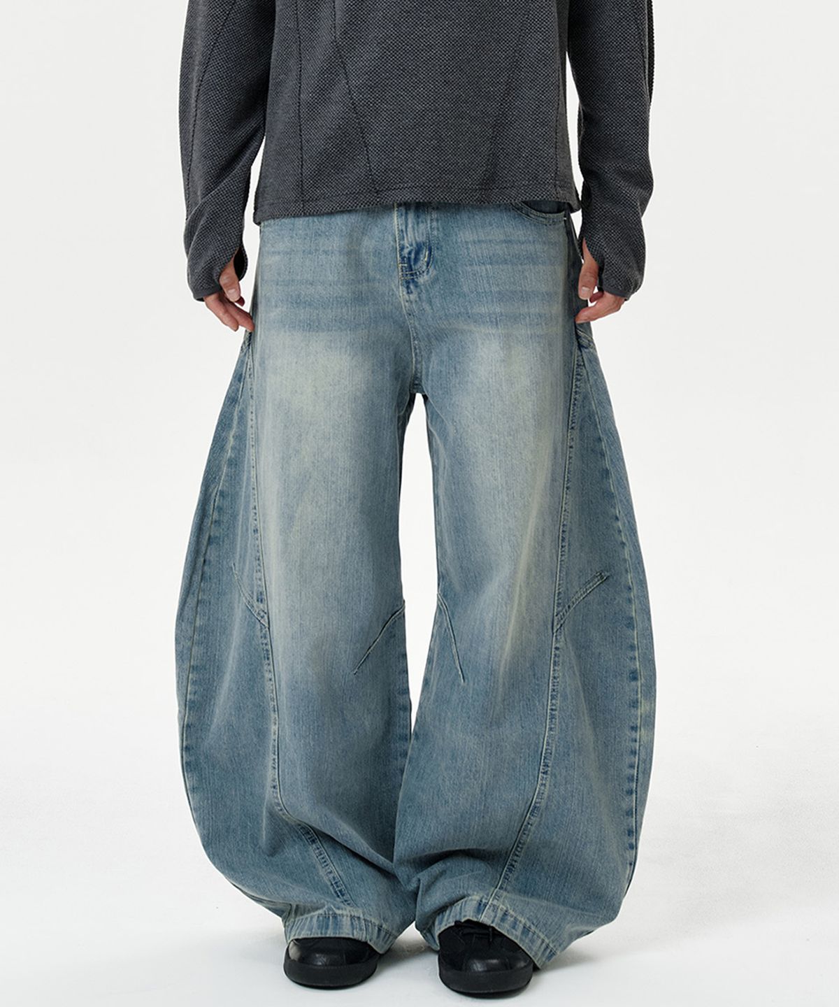 딥센스(DEEP SENSE) Arc Panel Washed Curved Denim Pants - blue