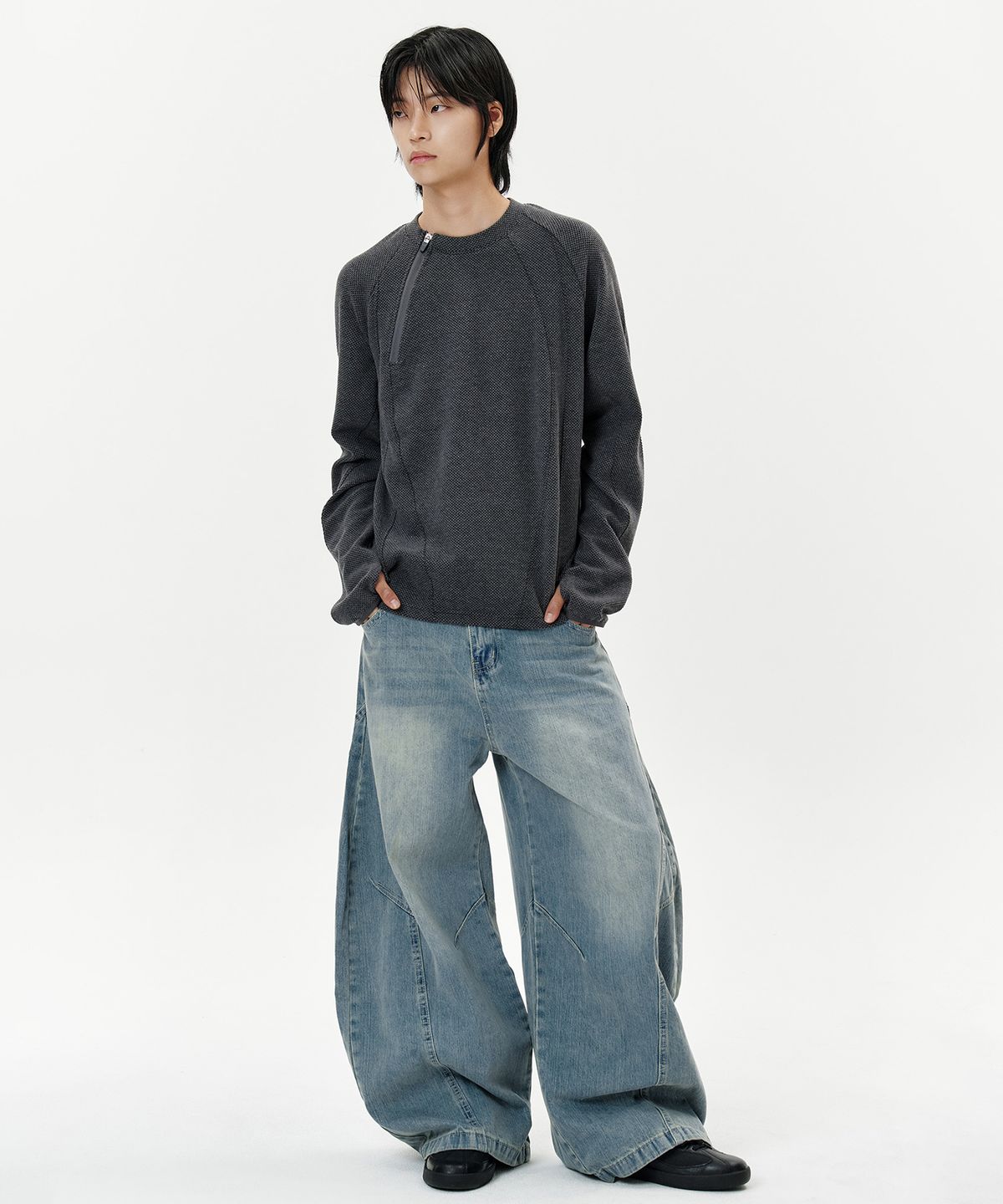 딥센스(DEEP SENSE) Arc Panel Washed Curved Denim Pants - blue