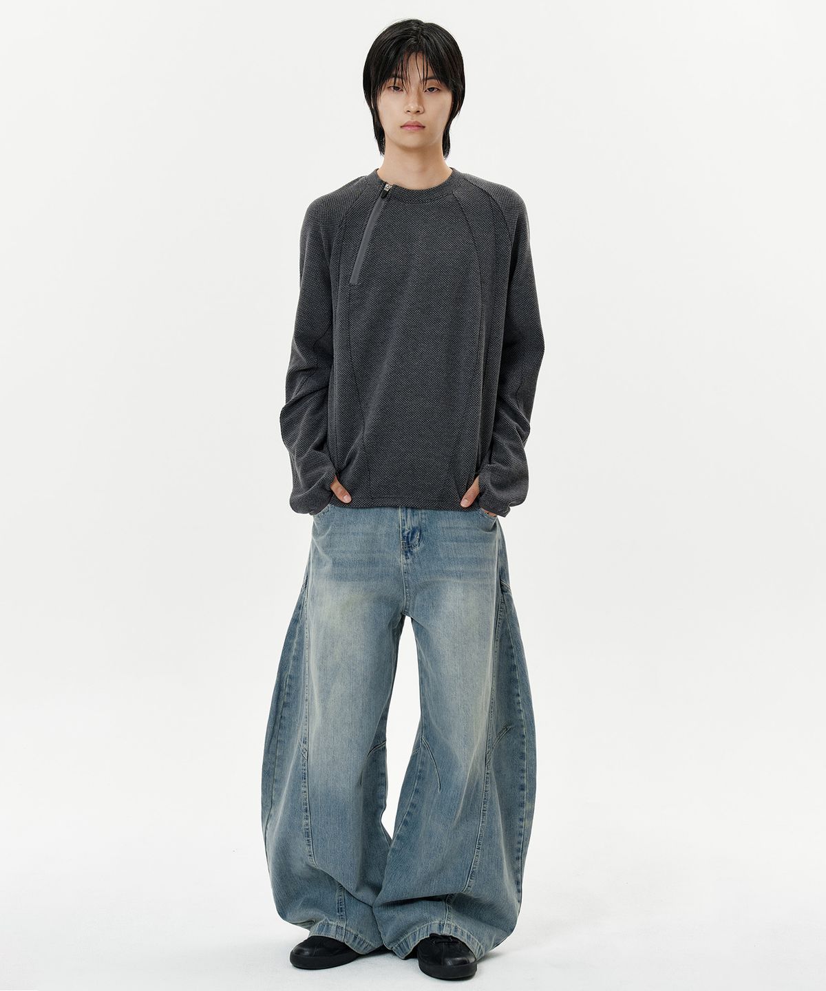 딥센스(DEEP SENSE) Arc Panel Washed Curved Denim Pants - blue