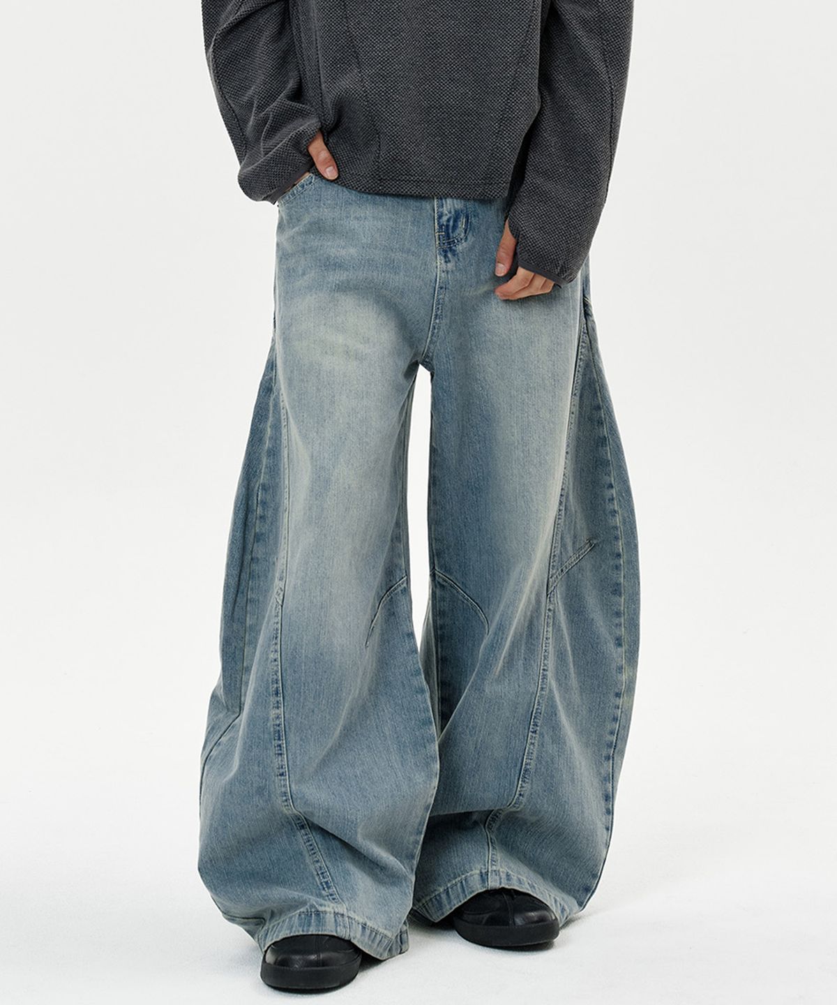 딥센스(DEEP SENSE) Arc Panel Washed Curved Denim Pants - blue
