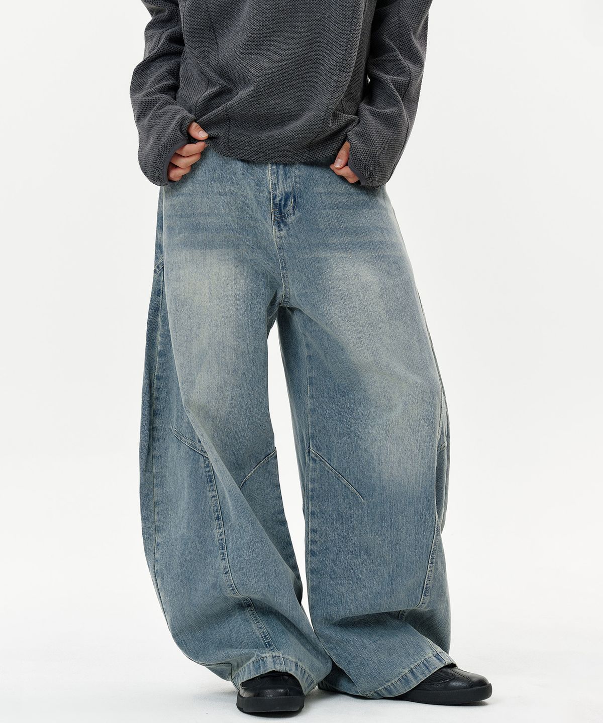 딥센스(DEEP SENSE) Arc Panel Washed Curved Denim Pants - blue